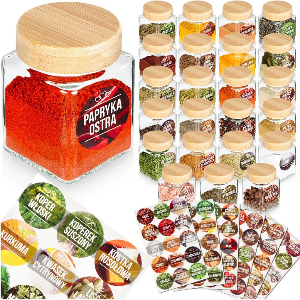 24x Gewürzbehälter für die Küche, Gläser + Etiketten