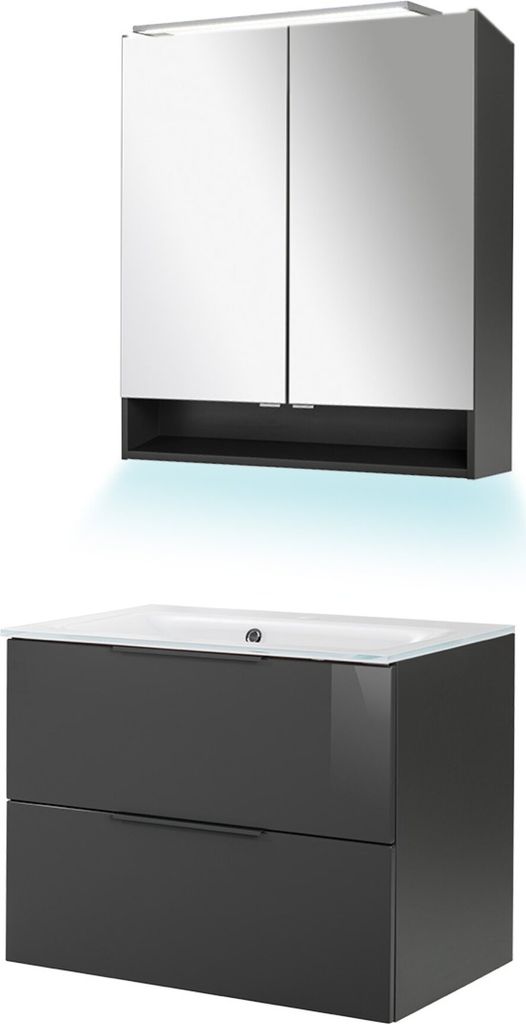 Fackelmann LUNA Badmöbel Set 4-teilig, 80 cm breit, Anthrazit, Glas Weiß+Spiegelschrank