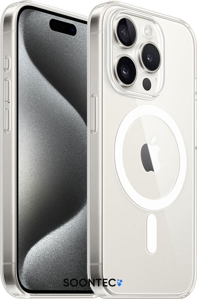 A clear protective case for an iPhone 15 Pro Max, showcasing the MagSafe feature.
