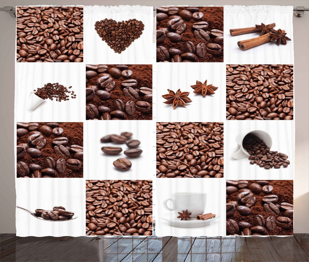 ABAKUHAUS Kaffee Rustikaler Vorhang, Geröstete Kaffeebohnen, Wohnzimmer Universalband Gardinen mit Schlaufen und Haken, 280 x 245 cm, Braun weiß