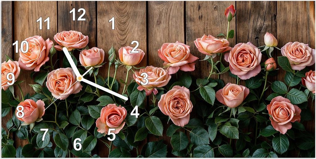 Wanduhr aus Glas mit Motiv Rosen Holzhintergrund- 60 x 30 cm - inkl. Aufhängesystem