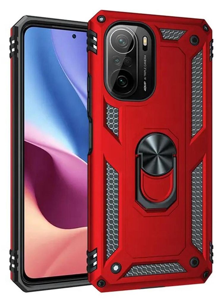 A red smartphone case with a ring holder is shown.