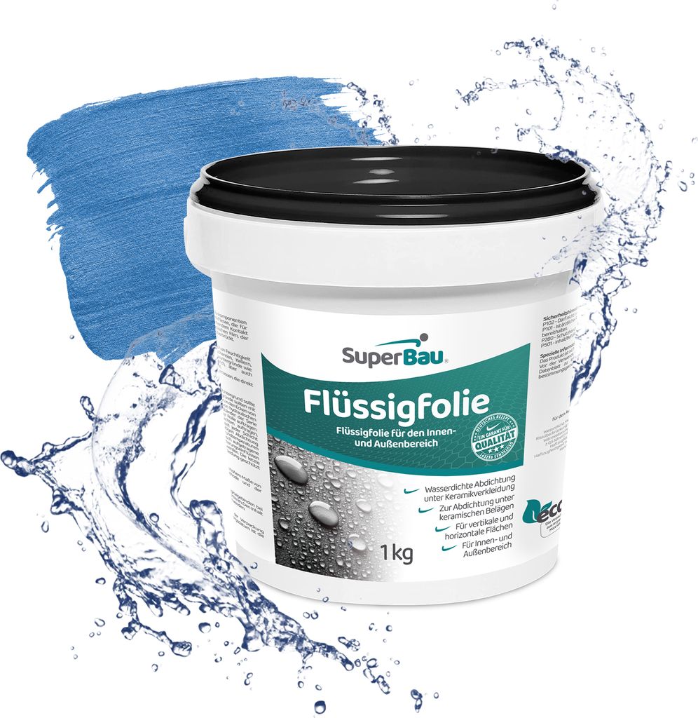 Superbau Flüssigfolie Bad & Dusche 1 kg - Dichtfolie Außenbereich & Innen, Abdichtung Badezimmer, Lösemittelfrei, Abdichtfolie Wasserdicht Blau
