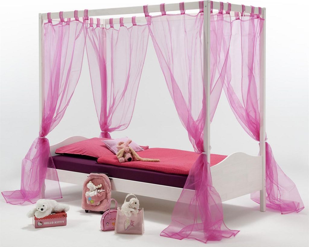 Himmelbett Kinderbett Mädchenbett NADINE, 90x200 cm Kiefer massiv weiß lackiert