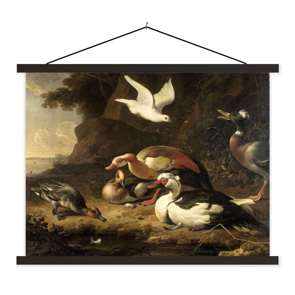 MuchoWow Textilposter Enten - Gemälde von Melchior d'Hondecoeter 150x113 cm mit schwarzem Rahmen - Wohnzimmer