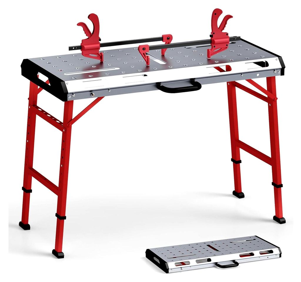 Klappbare Werkbank 107 x 62 x 93,3 cm, Schweißwerkbank bis 450 kg belastbar, höhenverstellbarer Schweißtisch mit Stangenklemmen und Tragegriff, ...