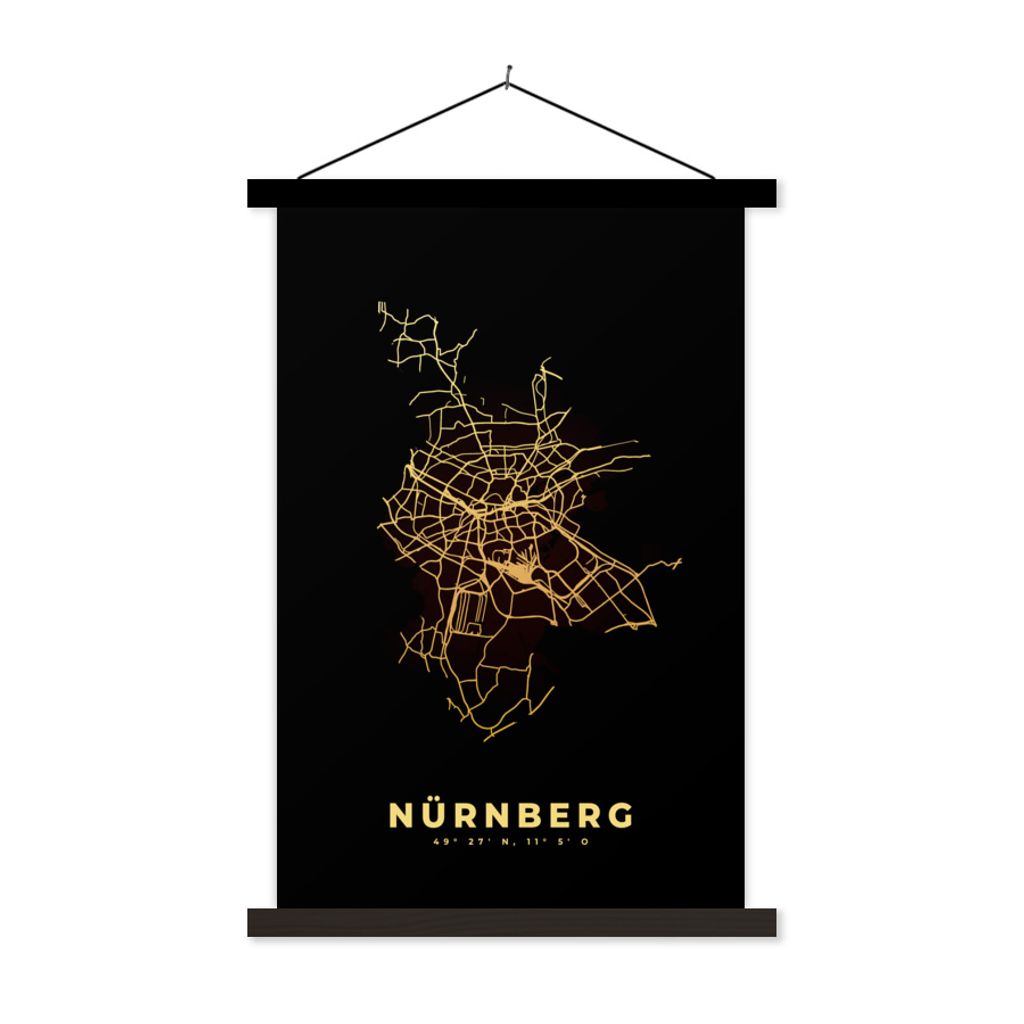 MuchoWow Textilposter Nürnberg - Gold - Stadtplan - Karte 120x180 cm mit schwarzem Rahmen - Fotos