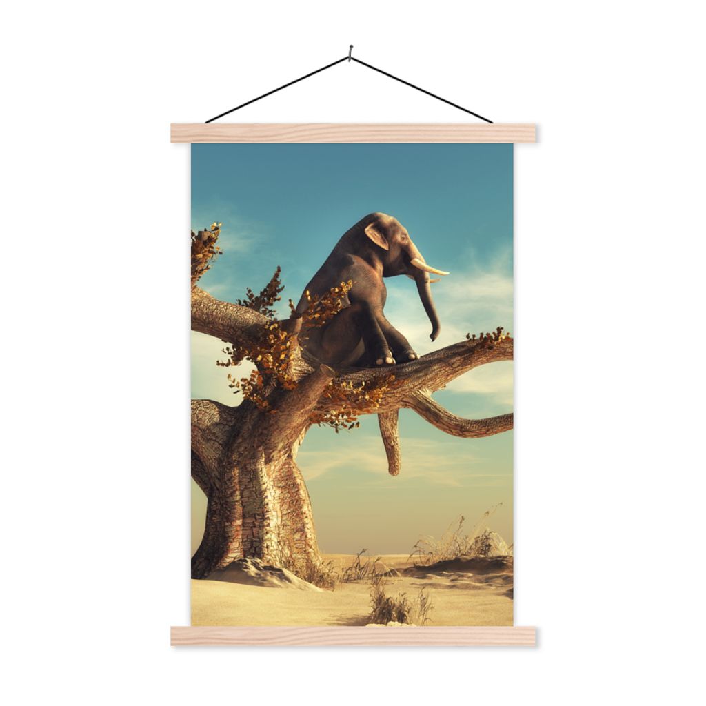 MuchoWow Textilposter Elefant - Baum - Natur - Wüste 40x60 cm mit holzfarbenen Rahmen - Poster