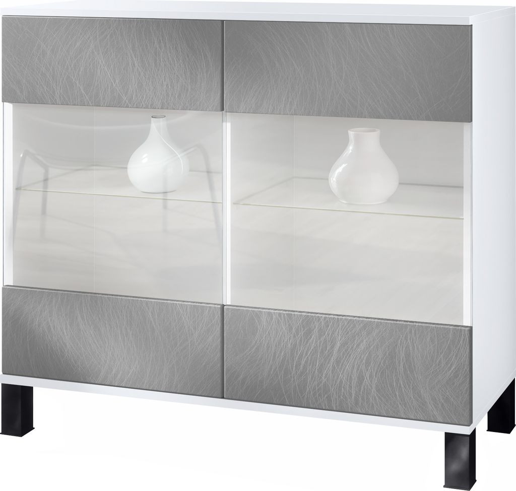 Vladon Kommode Bari V3, Moderner Küchenschrank mit 2 großen Glastüren inkl. RGB Beleuchtung Weiß matt / Scratchy Metal (92,5 x 84.5 x 35)