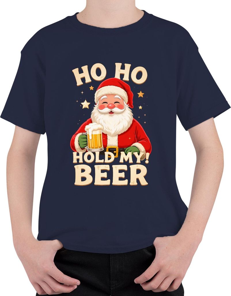 Ho Ho Hold My Beer Weihnachtsmann Bier Weihnachten Geschenk Uni Kinder T-Shirt, Navy, 104