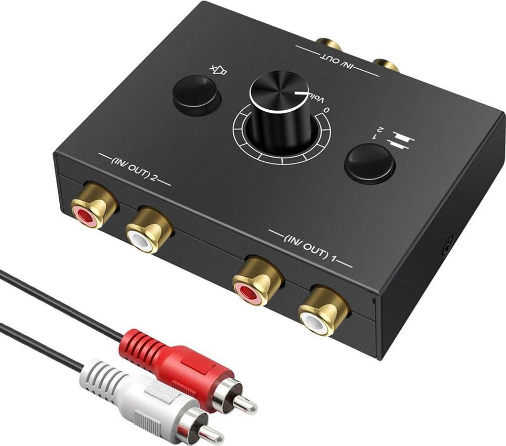 RCA L/R Audio-Umschalter 2(1)-Eingang-1(2)-Ausgang, analoger geräuschloser Stereo-Audio-Umschalter mit Lautstärkeregler, Audio-Wahlschalter, Klan...
