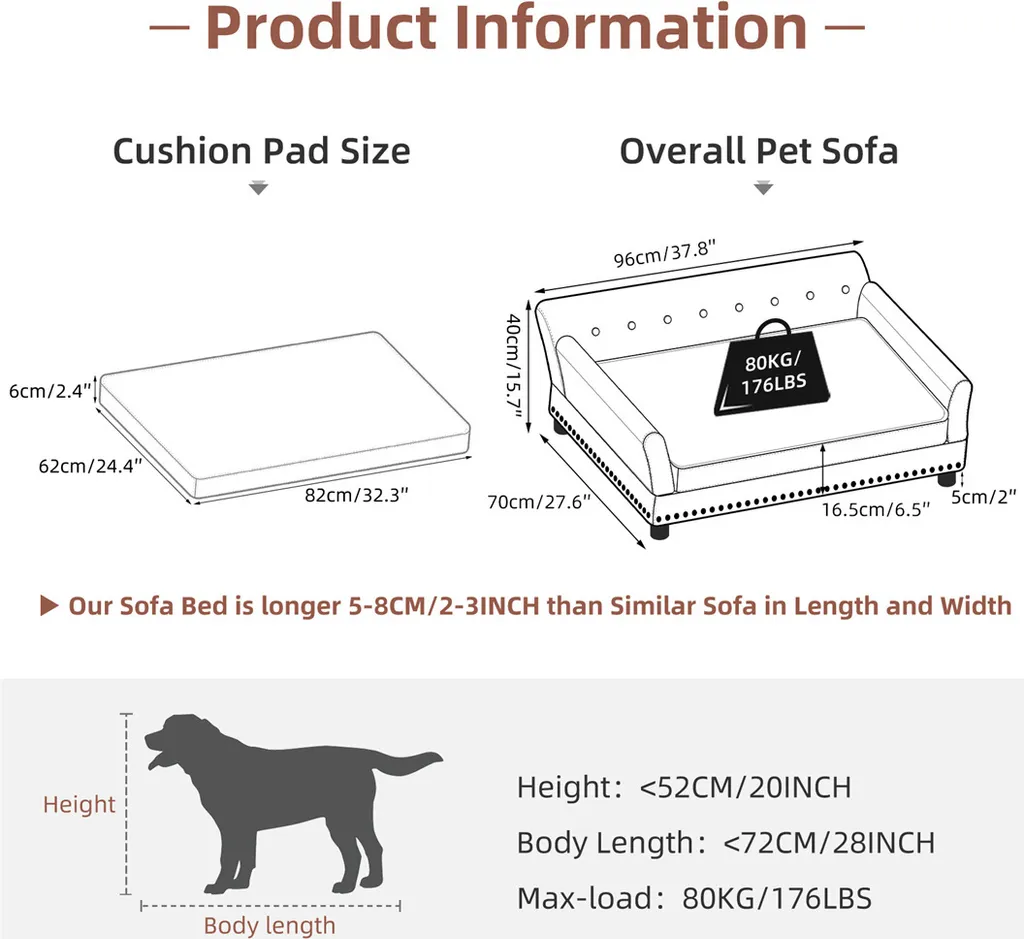 WISFOR Sofa chien 96x72x40cm - Tapis chien dossier surélevé, gris - 9