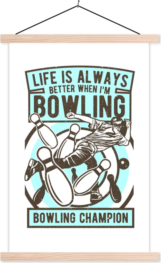 MuchoWow Textilposter Bowling - Blau - Vintage 60x90 cm mit holzfarbenen Rahmen - Textil
