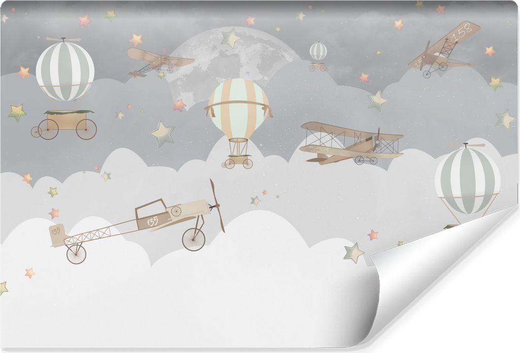 Muralo Selbstklebend Fototapete für Kinder WOLKEN Flugzeuge Sterne Ballons Br. 270cm x Hö. 180cm
