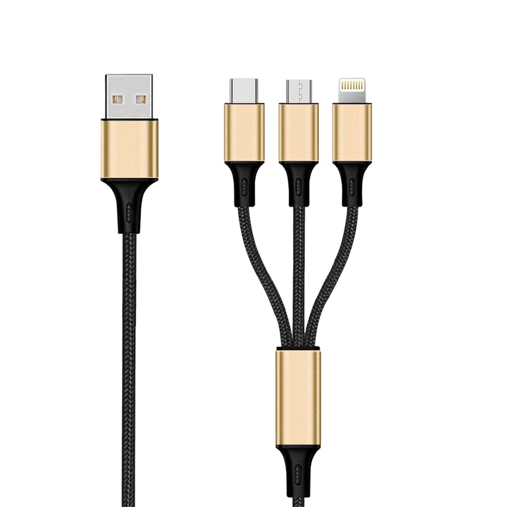 2GO 3in1 USB Ladekabel Micro-USB,Apple,TypeC Nylon 1,5m gold
