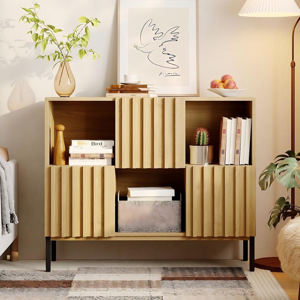 Sideboard mit 3 Schränken mit gewellten Türen, Küchenschrank mit 3 offenen Fächern, für Wohnzimmer, Küche, Esszimmer, Holzfarbe, MDF, 90 × 7...