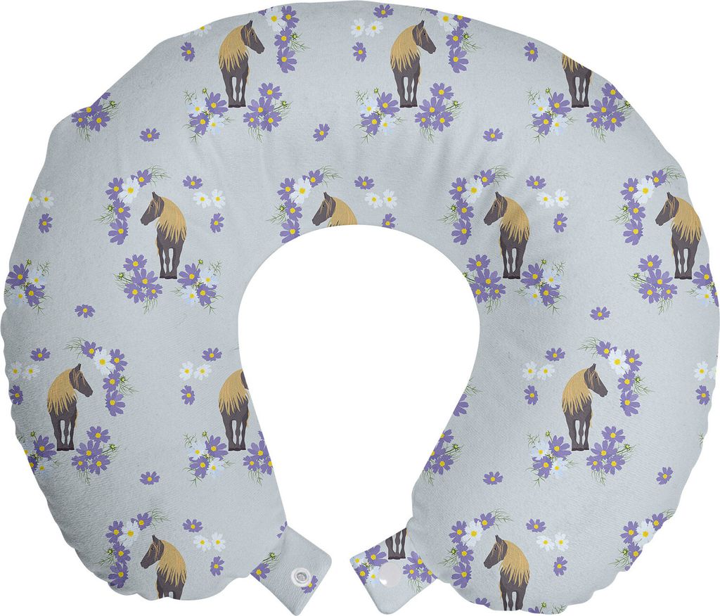 ABAKUHAUS Pferd Reisekissen Nackenkissen, Tierformen Blumendetails, Schaumstoff Reiseartikel für Flugzeug und Auto, 30x30 cm, Lavendel Blau Tan