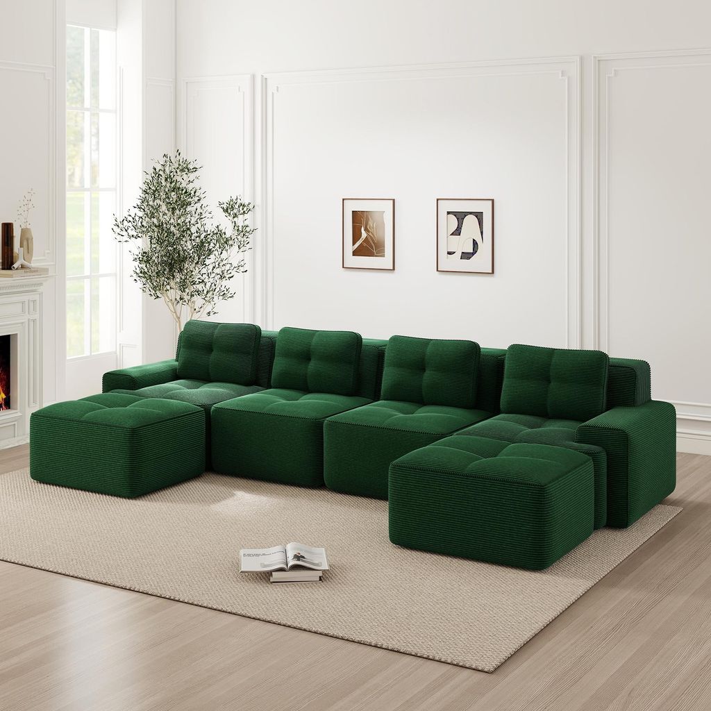 Boneless Sofas für Wohnzimmer, Modulares Sofa mit U-förmiger Chaiselongue, 4-Sitzer Bequem Polstertes Tiefsitz 80% Corduroy-Cloud-Sofa, Montagefr...