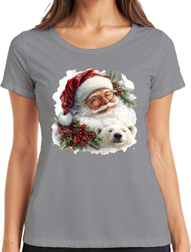 Weihnachtsmann Eisbär Tannenzapfen Stechpalme Weihnachten Vintage Damen T-Shirt, Grau, L