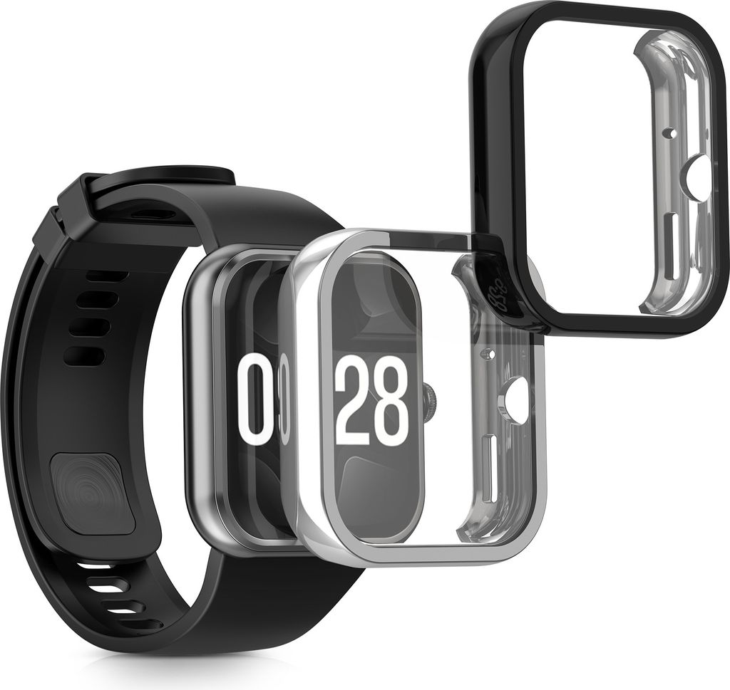 kwmobile 2x Silikon Hülle für Xiaomi Redmi Watch 4 Schutzhülle - Fullbody Display Cover Set aus Silikon - Schwarz Silber