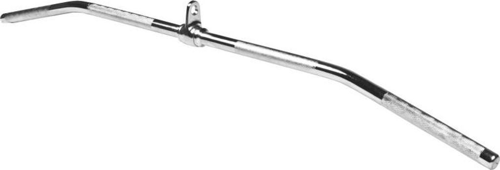 A chrome-plated lat pulldown bar with a rotating joint, shown against a white background.
