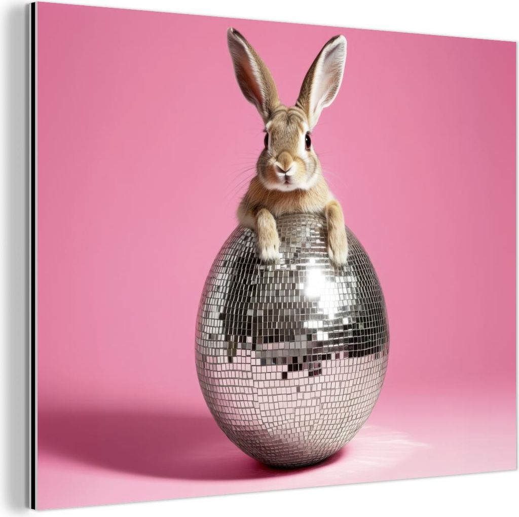 MuchoWow Wanddekoration Metall Metallbild Wandkunst 40x30 cm Hase - Schleife -Diskokugel MuchoWow Aluminium Gemälde - Dekoration Wohnzimmer