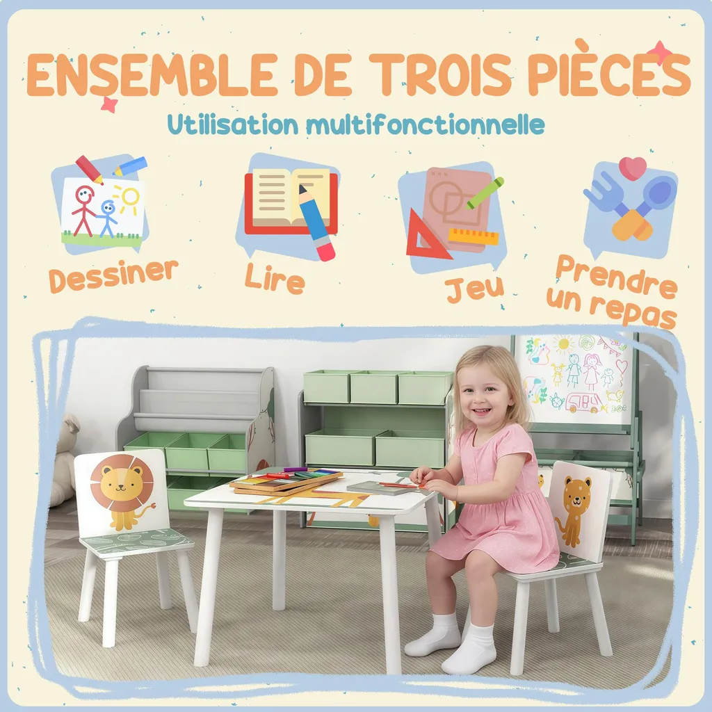 Bureau enfant pour dessiner et étudier vert avec 2 chaises en bois