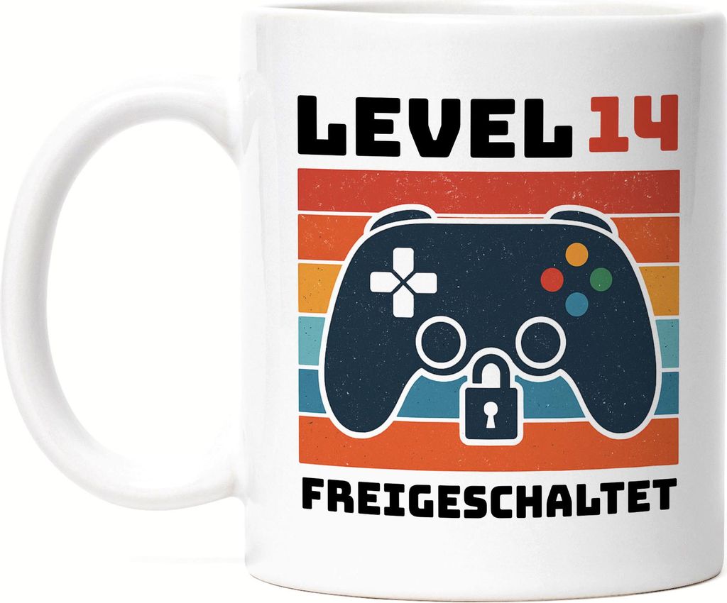 Level 14 freigeschaltet Tasse Weiß – Gaming Retro Geburtstagsgeschenk für Kids