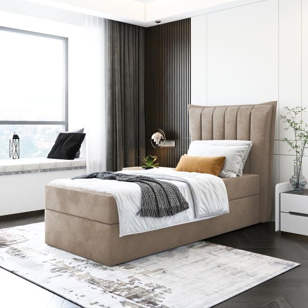 Kinderbett, Boxspringbett LUMORA MINI mit T25 Topper, Einzelbett, Stauraum, Schlafzimmer, Polsterbett, 100x200 cm. (Cappuccino - Itaka 48)