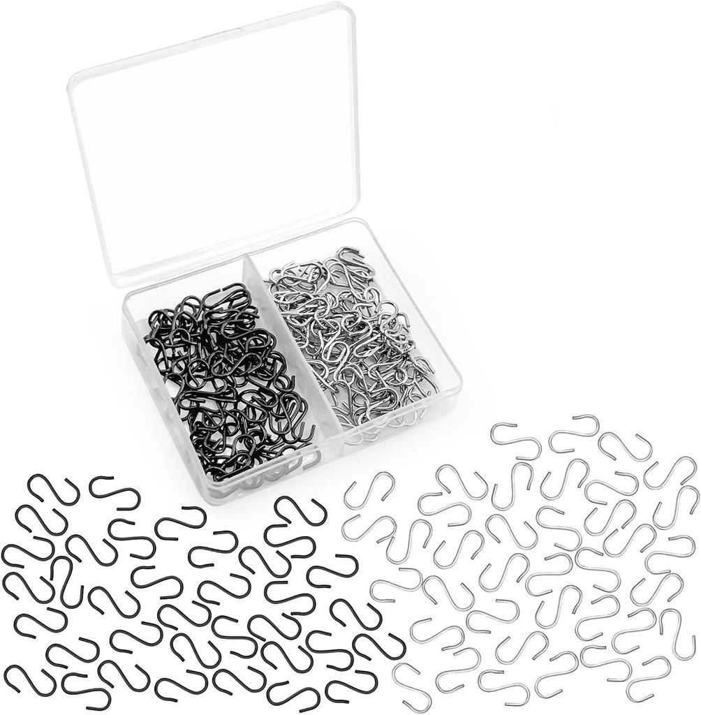 150 Mini-S-Haken in Silber/Schwarz mit Box, stabil, für Bastelarbeiten, Schmuck, Schlüsselanhänger, DIY.