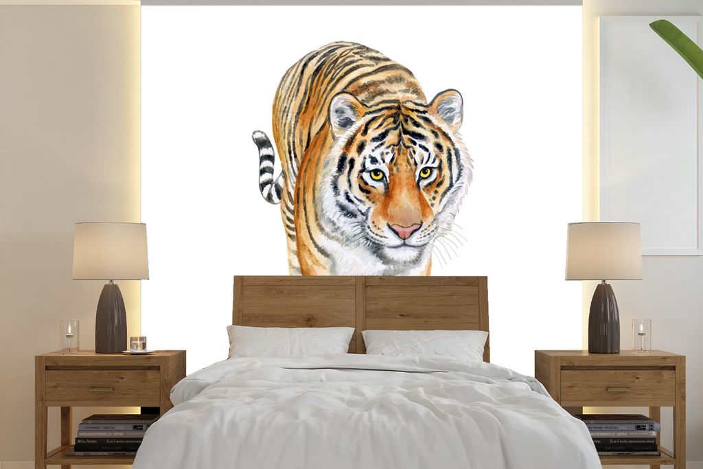MuchoWow Fototapete für Wohnzimmer oder Schlafzimmer Wandtapete Vinyl Motivtapete Tiger - Kopf - Weiß - 350x350 cm - Schlafzimmertapete