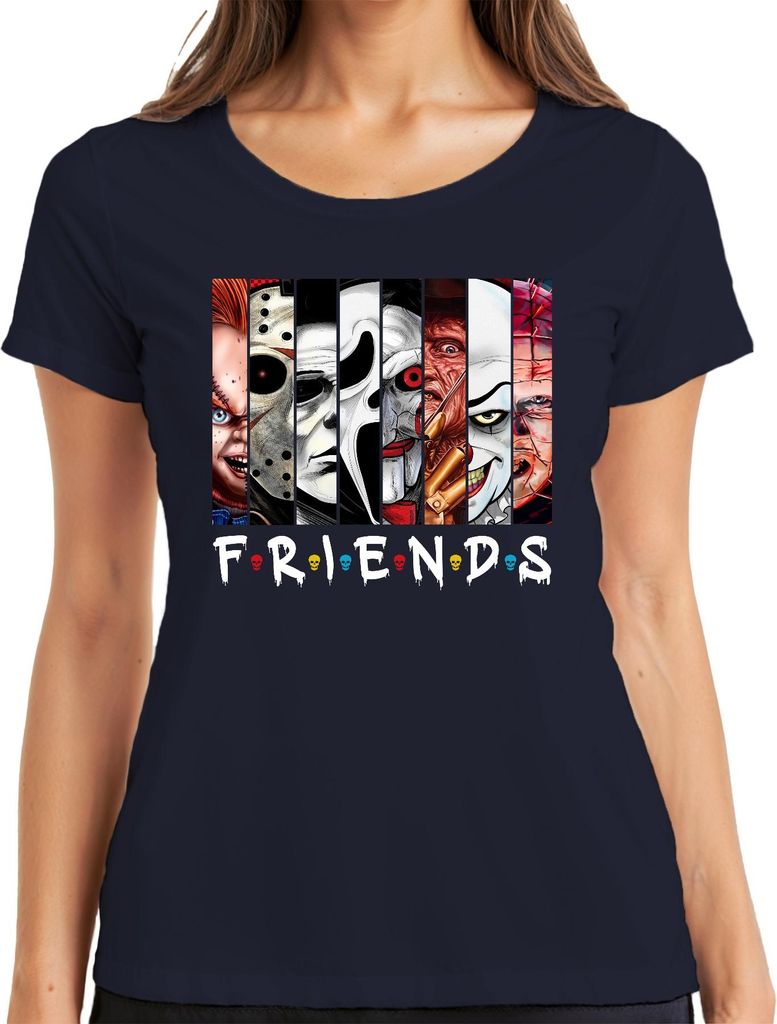 FRIENDS Horror Ikonen Jason Michael Pennywise Freddy Chucky Kult Damen T-Shirt, Navy, S