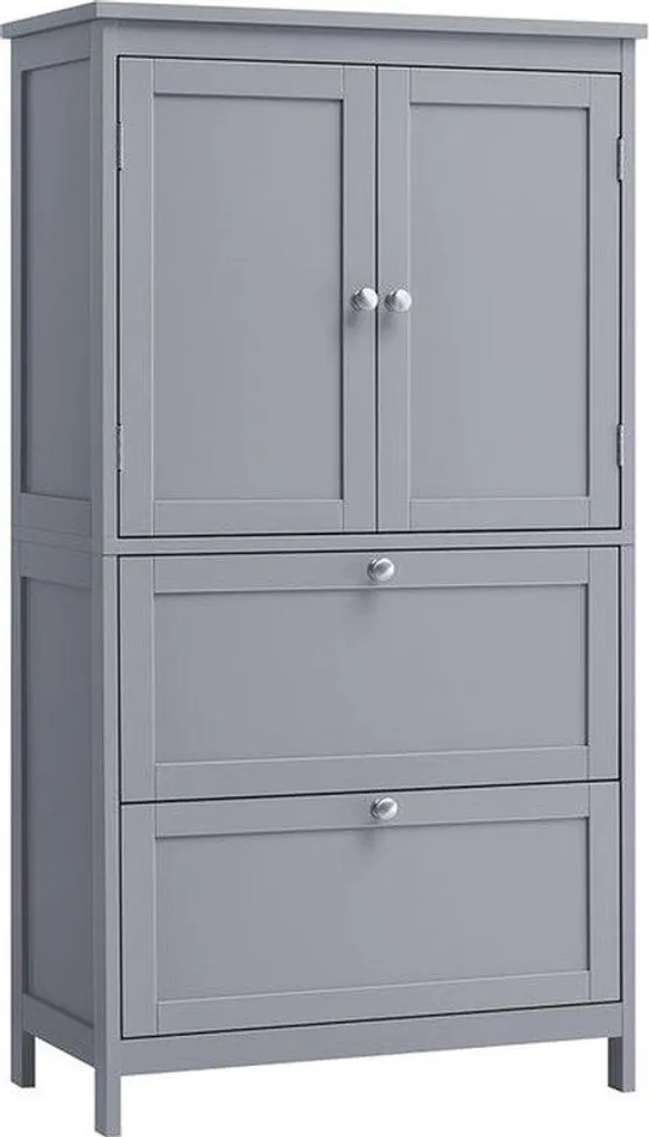 Meuble de cuisine gris avec étagère réglable et compartiments de stock
