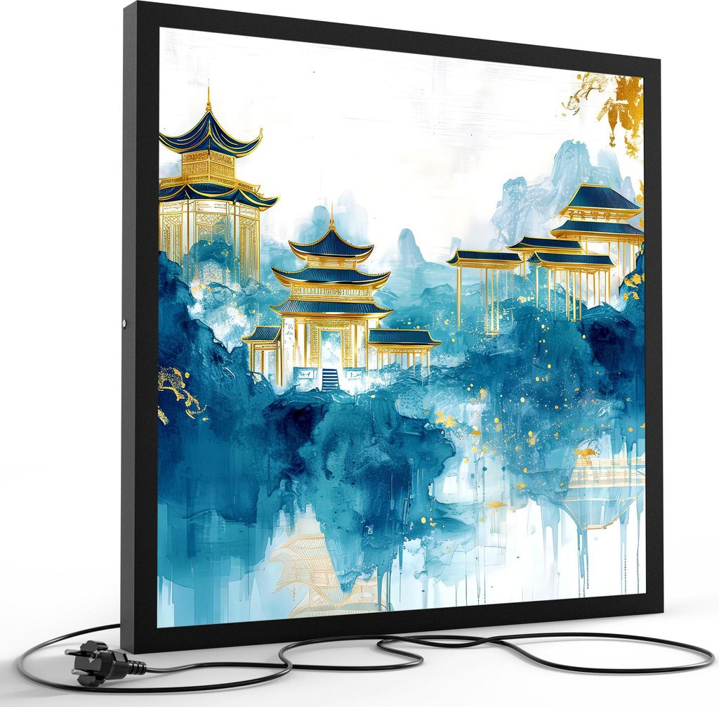 DEQORI LED-Bild & Lampe 60x60 cm Schwarz 'Pagoden im Nebelglanz' Leuchtbild LED Leuchte