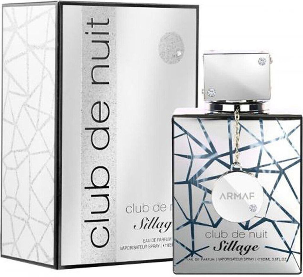 A perfume bottle and its packaging are displayed against a white background.