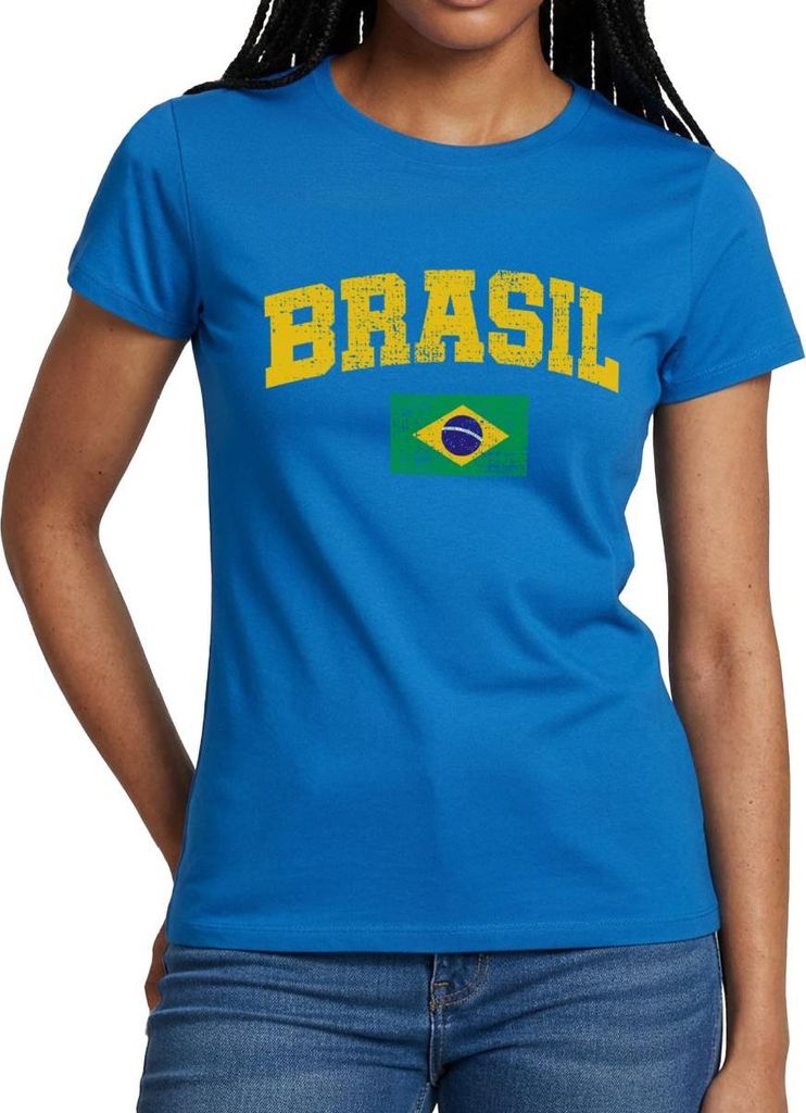 Spreadshirt Brasil Schriftzug Brasilien Flagge Retro Frauen T-Shirt, S, Royalblau