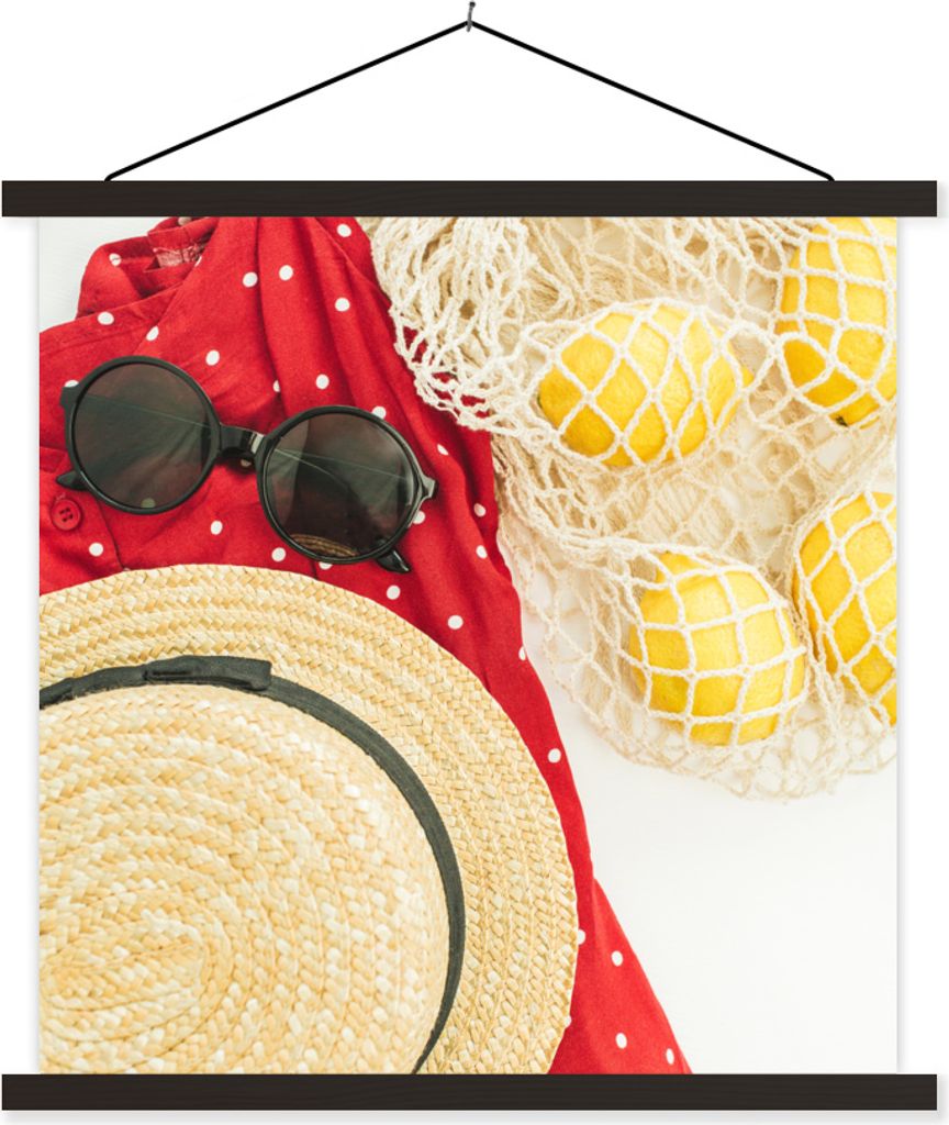 MuchoWow Textilposter Sonnenbrille - Hut - Zitrone 120x120 cm mit schwarzem Rahmen - Aufhängungsset