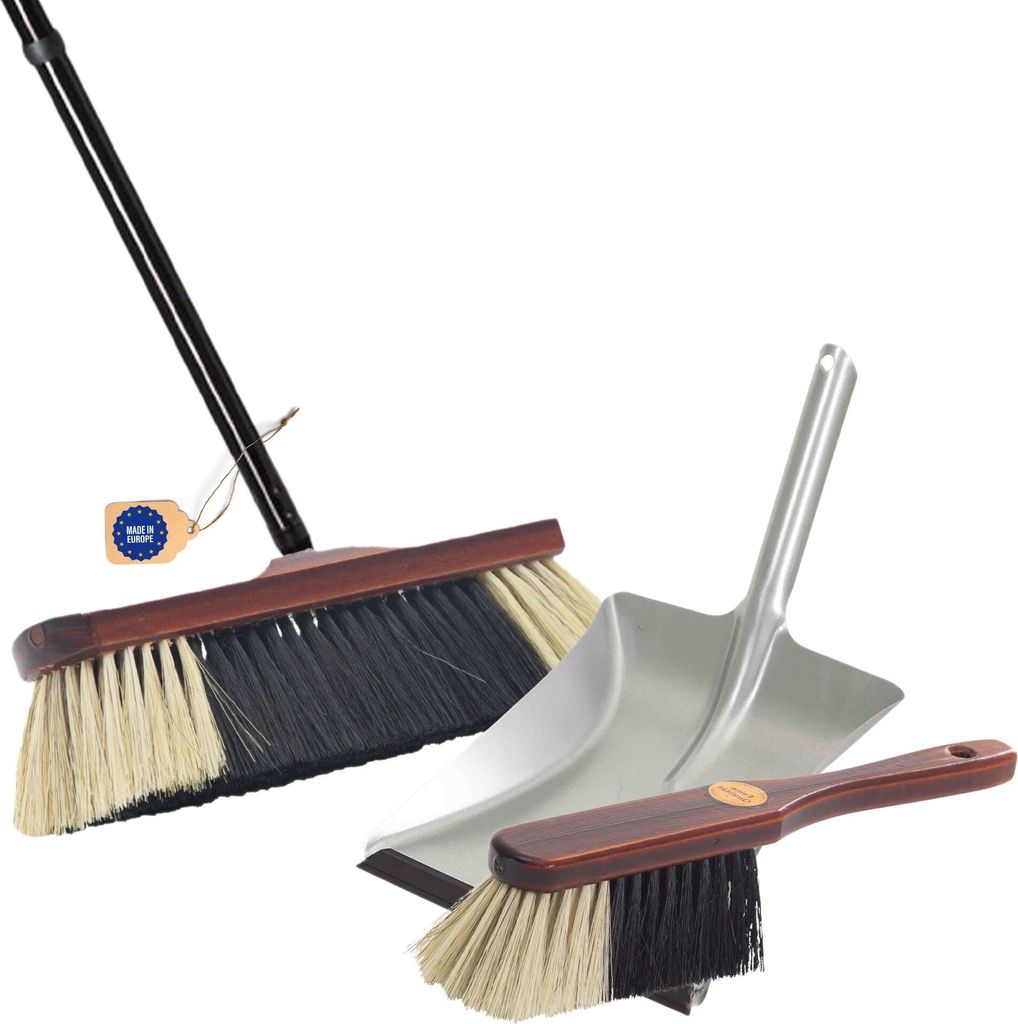 Novaliv Zimmerbesen 4 tlg Steckstiel ROSSHAAR MISCHUNG Besen weiche Borsten Schrankbesen mit Stiel und Handfeger Kehrblechgarnitur Metall Verzinkt ...