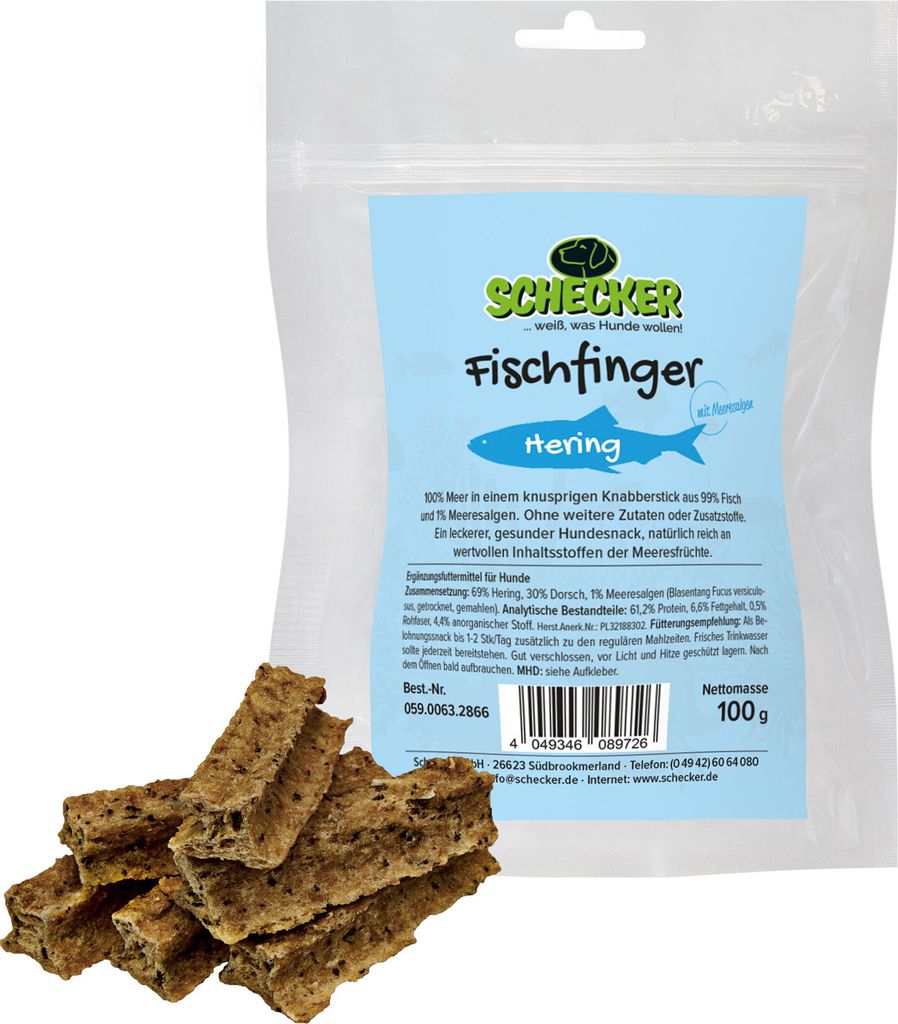 100g -  Schecker Hundesnack - Fischfinger mit 99 % Fisch - Produktbild 