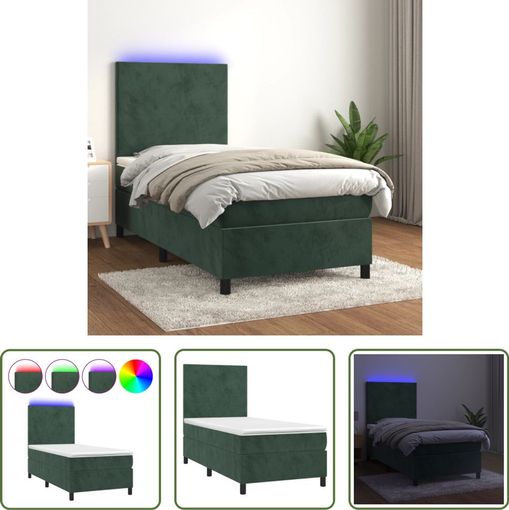 The Living Store Boxspringbett mit Matratze & LED Dunkelgrün 90x200 cm Samt
