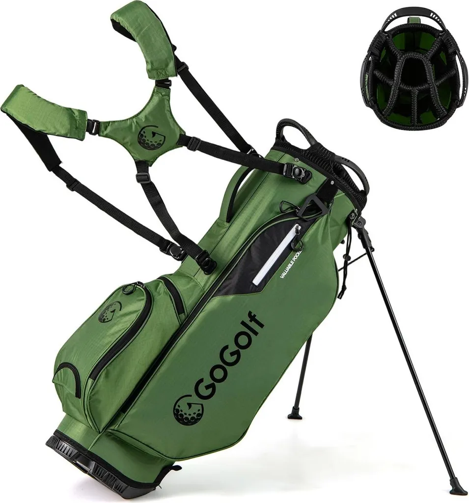 Sac de golf pour parcours à pied, trépied stable vert, 8 compartiments