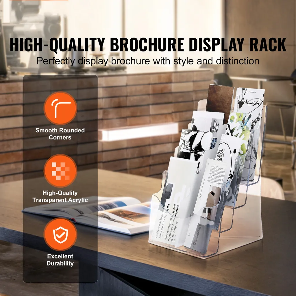 SucceBuy Supporto per opuscoli in acrilico da 8,5 x 11 pollici, espositore per letteratura trasparente a 4 livelli, organizzatore in plastica con divisorio rimovibile per ufficio, esposizione, montaggio su banco o a parete - 2