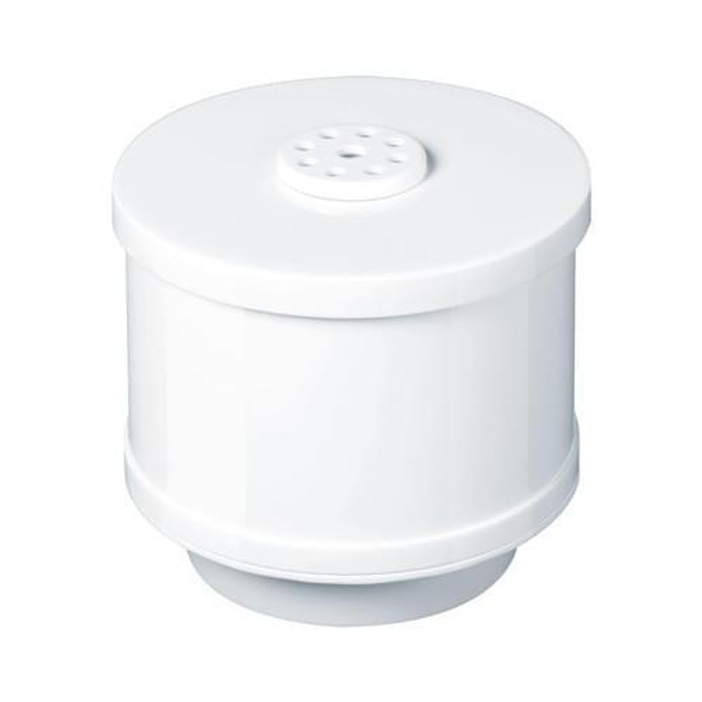A white cylindrical water filter with a perforated disc on top, isolated on a white background.