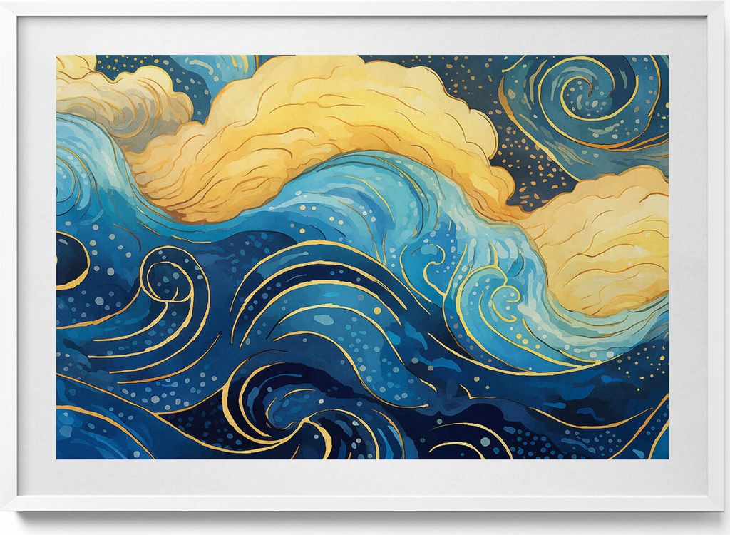 Wolken Abstraktion mit Gold– Wandbild mit Rahmen – Gerahmtes Bild – Wanddekoration – 100x70 cm – Weiß Rahmen