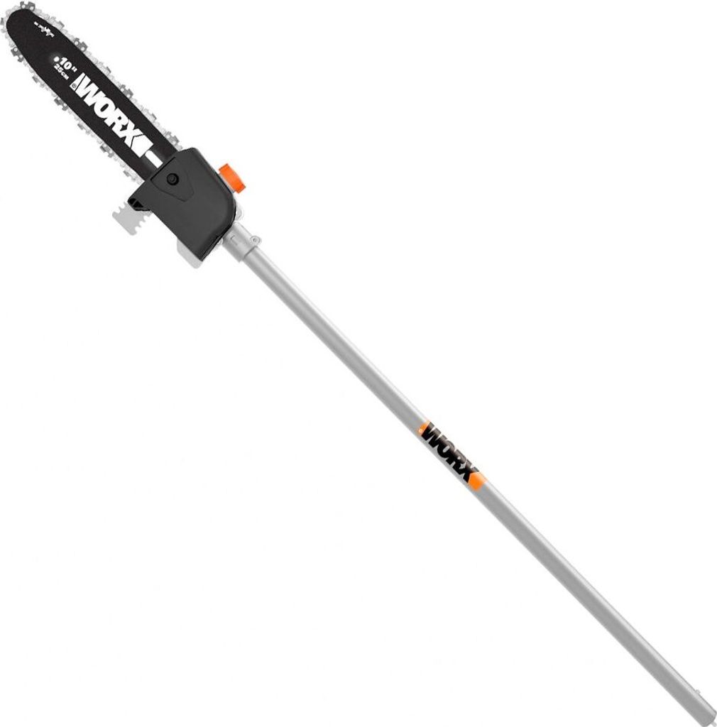 A pole saw attachment with a chainsaw head and an extension pole.