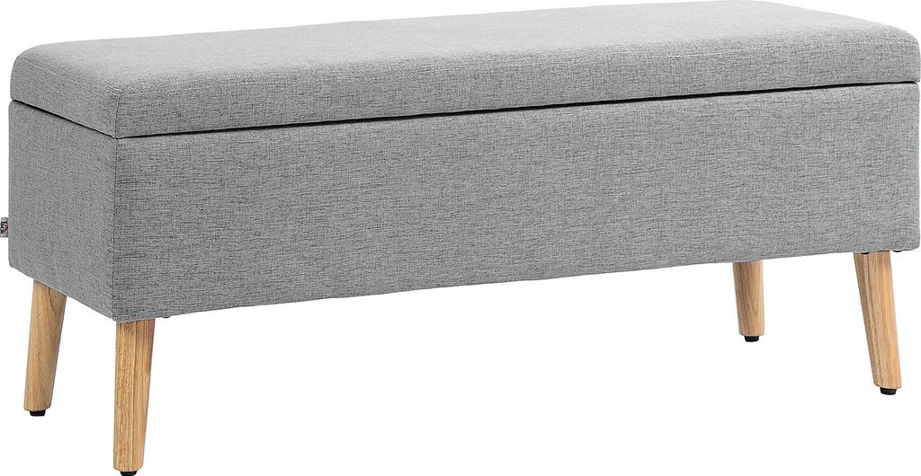 Sitzbank Polsterbank mit Stauraum 110 x 39 x 45 cm in Grau mit Leinenoptik für Flur Schlafzimmer Wohnzimmer aus Gummiholz