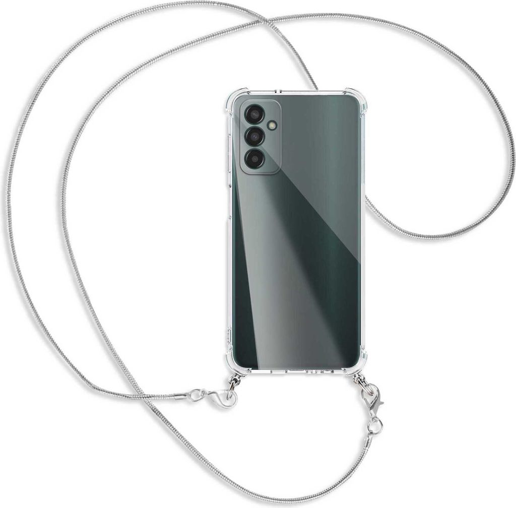 Handykette Backcover-Schutzhülle mit Band (Metall silberfarben) für Samsung Galaxy M13 4G (SM-M135) - silberfarbene Snake-Kette