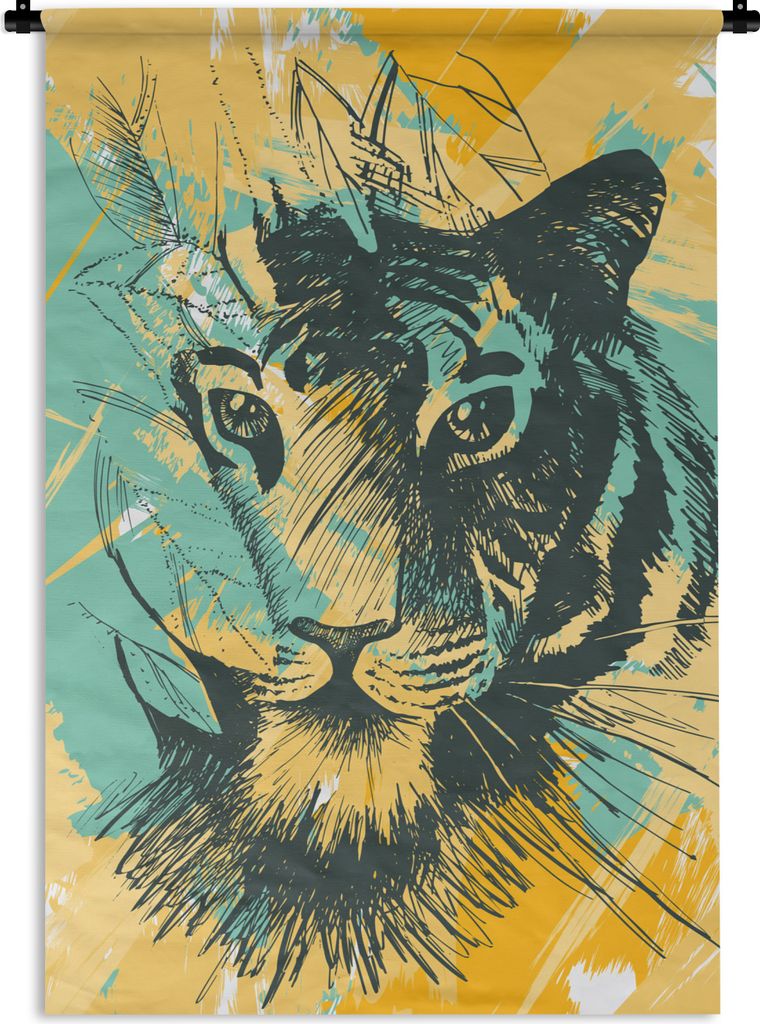 MuchoWow Wandteppich Wandbehang Tiger - Abstrakt - Kopf 90x135 cm Tapisserie Dekoration Wandtuch - Baumwolle - Wandskulptur