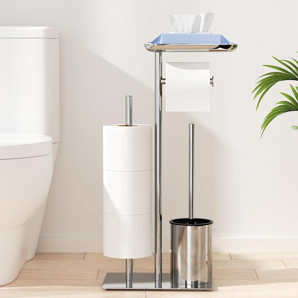 Toilettenpapierhalter stehend silber mit Bürste - Toilettenpapierhalter stehend mit Toilettenbürste, WC-Set mit Toilettenpapierhalter, Ablage und...