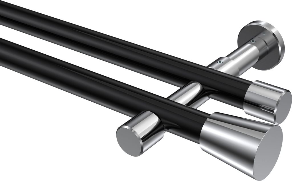Interdeco Gardinenstange / Vorhangstange Schwarz / Chrom, Typ Prestige Sitra (Konus) ohne Ringe, 20 mm Ø 2-läufig, 160 cm